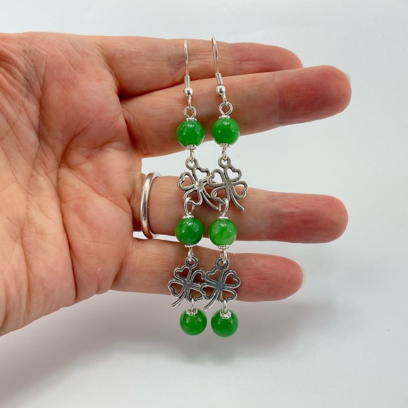 New Shamrock Dangle Earrings, Handmade, St Pats Day, Lucky Clover, Green Stone - Picture 3 of 6